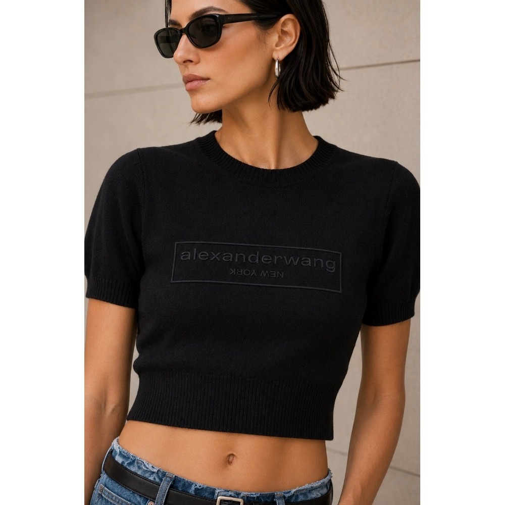 Alexander Wang Embossed Logo Cropped Chenille Knit Sweater Black XS
